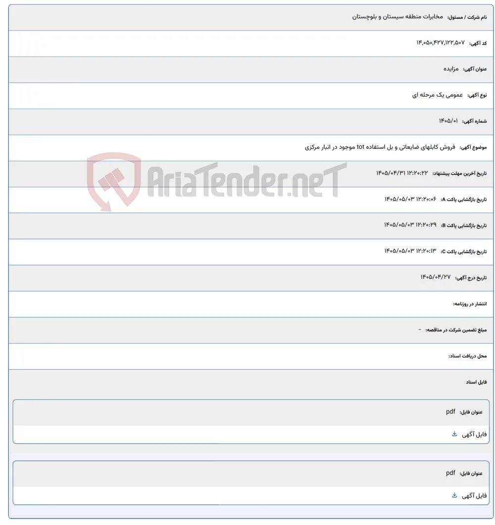 فروش کابلهای ضایعاتی و بل استفاده tot موجود در انبار مرکزی