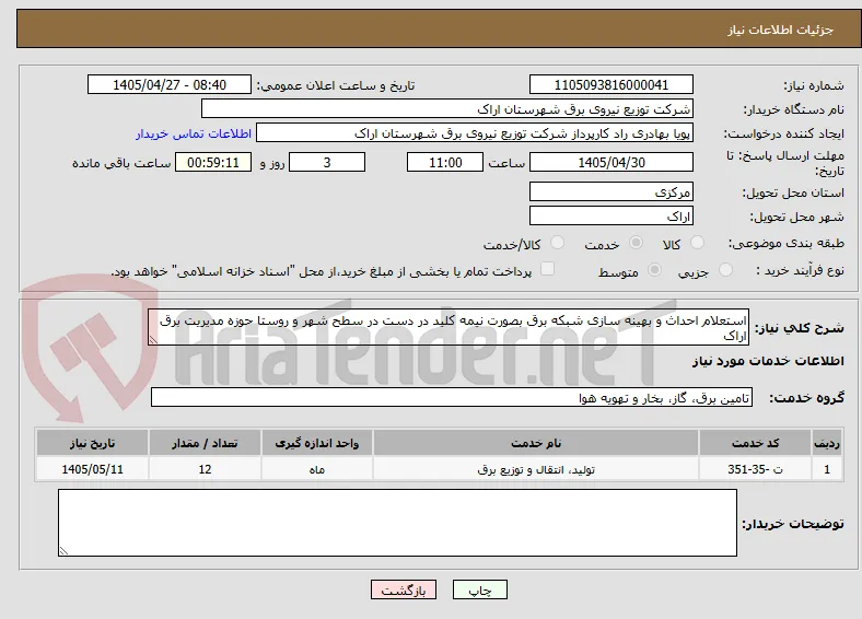 استعلام احداث و بهینه سازی شبکه برق بصورت نیمه کلید در دست در سطح شهر و روستا حوزه مدیریت برق اراک
