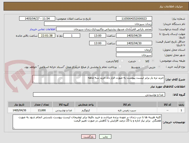 خرید تره بار برابر لیست پیوست به صورت قرار داد خرید سه ماهه