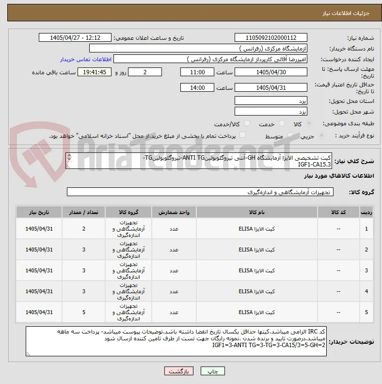 کیت تشخیصی الایزا آزمایشگاه GH-آنتی تیروگلوبولینANTI TG-تیروگلوبولینTG- 
IGF1-CA15.3
