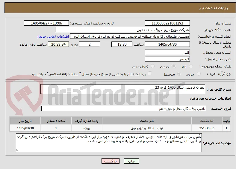 بحران فردیس سال 1405 گروه 23 