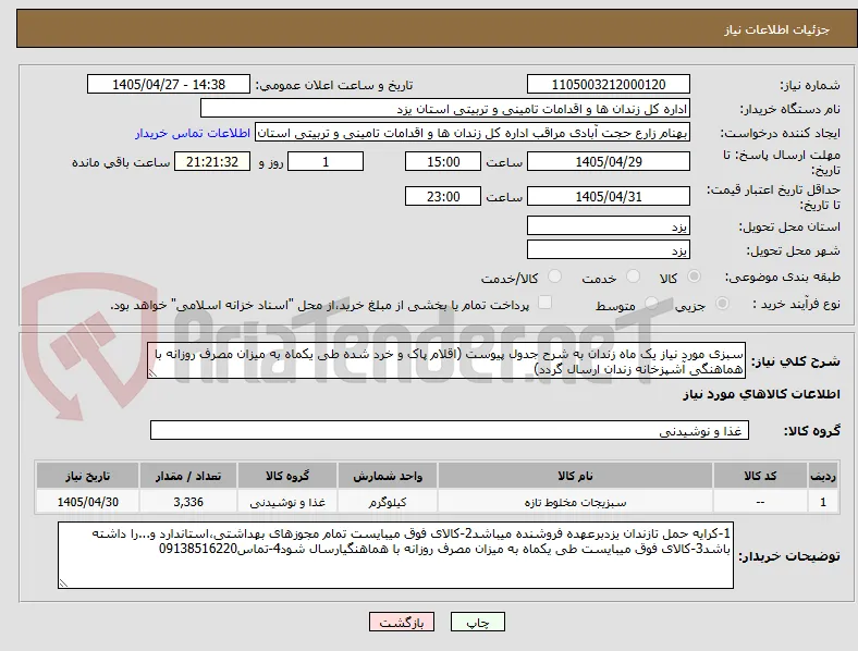 سبزی مورد نیاز یک ماه زندان به شرح جدول پیوست (اقلام پاک و خرد شده طی یکماه به میزان مصرف روزانه با هماهنگی آشپزخانه زندان ارسال گردد)
