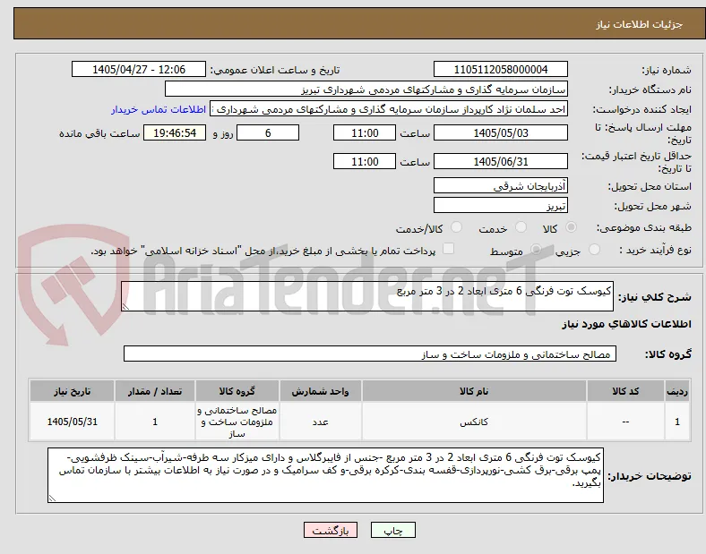 کیوسک توت فرنگی 6 متری ابعاد 2 در 3 متر مربع
