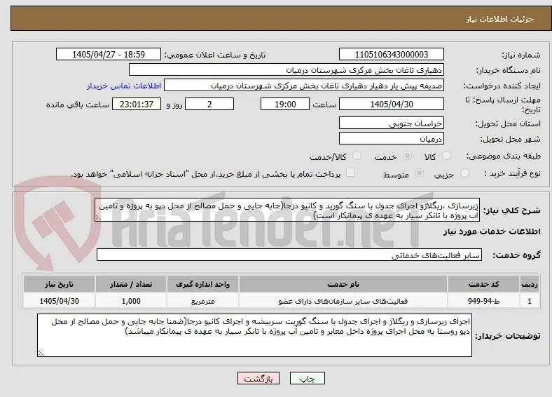 زیرسازی ،ریگلاژو اجرای جدول با سنگ گورید و کانیو درجا(جابه جایی و حمل مصالح از محل دپو به پروژه و تامین آب پروژه با تانکر سیار به عهده ی پیمانکار است)