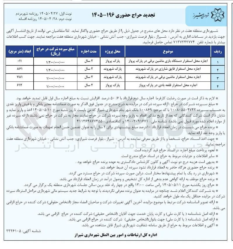 اجاره محل استقرار دستگاه بازی، قایق شارژی، ماشین برقی و قلعه بادی