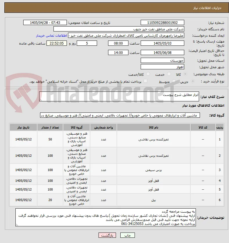 ابزار مطابق شرح پیوست