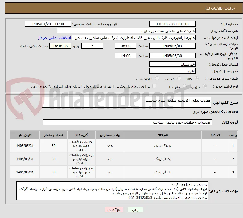 قطعات یدکی اکچویتور مطابق شرح پیوست