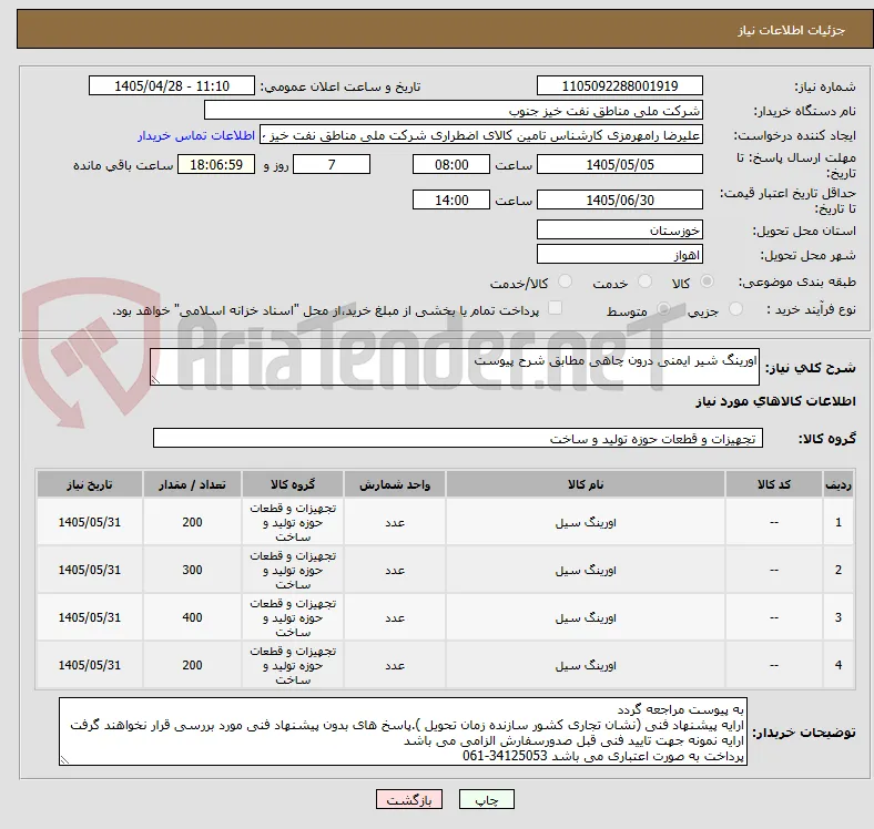 اورینگ شیر ایمنی درون چاهی مطابق شرح پیوست
