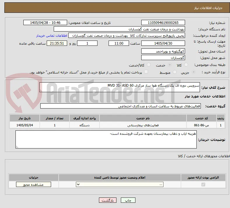 سرویس دوره ای یک دستگاه هوا ساز مرکزی MVD 31- ASD 60