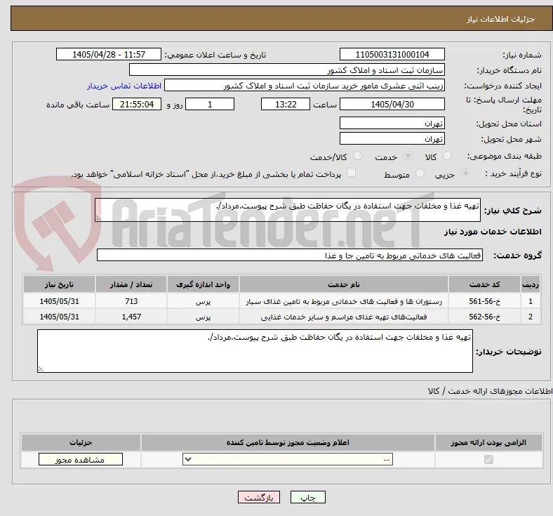 تهیه غذا و مخلفات جهت استفاده در یگان حفاظت طبق شرح پیوست.مرداد/.