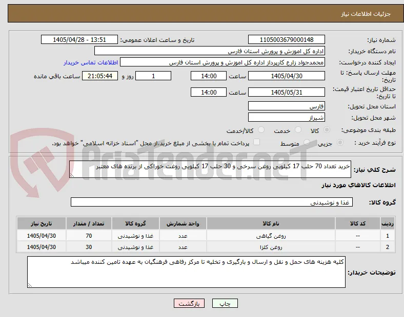 خرید تعداد 70 حلب 17 کیلویی روغن سرخی و 30 حلب 17 کیلویی روغت خوراکی از برنده های معتبر 