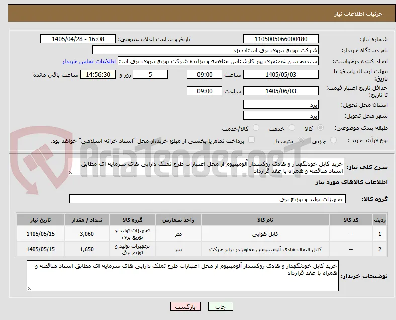 خرید کابل خودنگهدار و هادی روکشدار آلومینیوم از محل اعتبارات طرح تملک دارایی های سرمایه ای مطابق اسناد مناقصه و همراه با عقد قرارداد