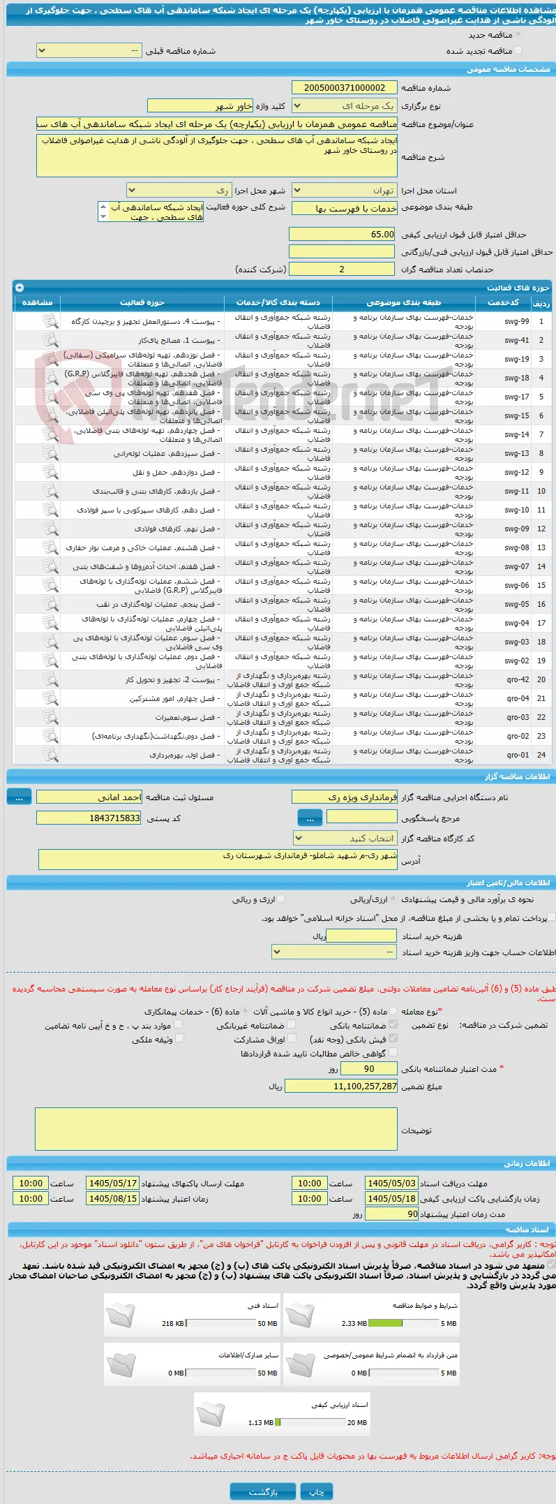 مناقصه عمومی همزمان با ارزیابی (یکپارچه) یک مرحله ای ایجاد شبکه ساماندهی آب های سطحی ، جهت جلوگیری از آلودگی ناشی از هدایت غیراصولی فاضلاب در روستای خاور شهر 