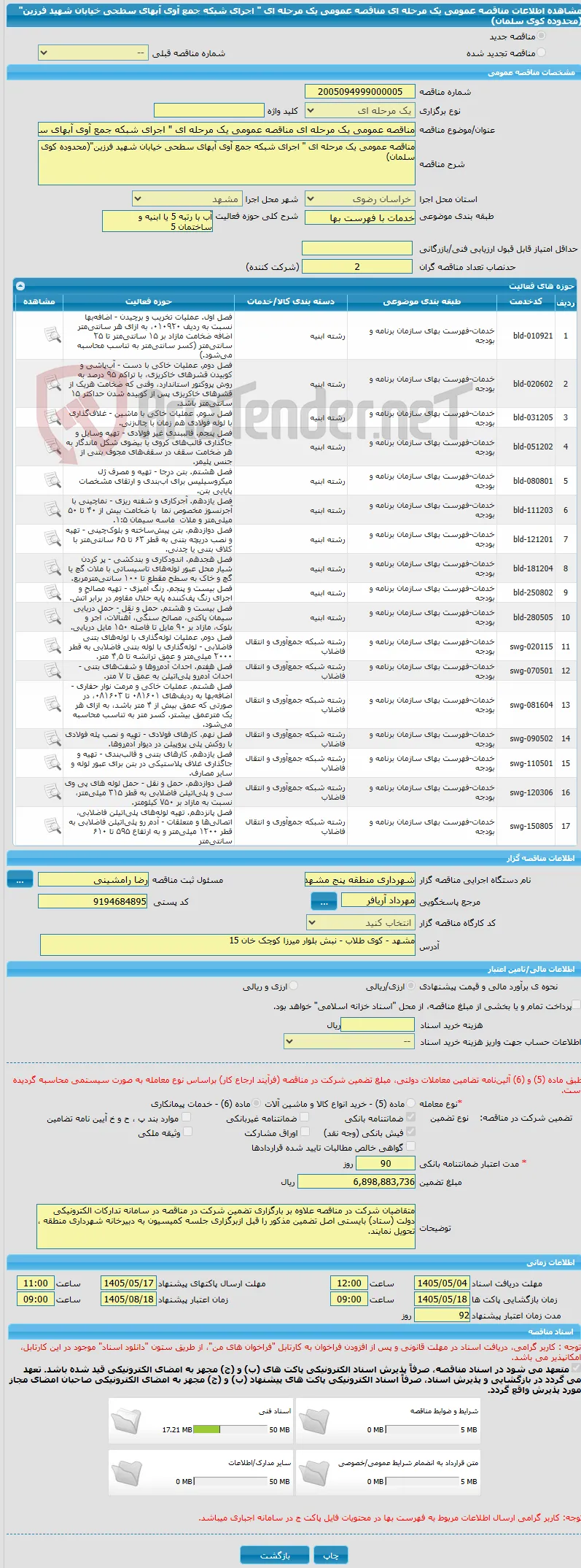 مناقصه عمومی یک مرحله ای مناقصه عمومی یک مرحله ای " اجرای شبکه جمع آوی آبهای سطحی خیابان شهید فرزین"(محدوده کوی سلمان)
