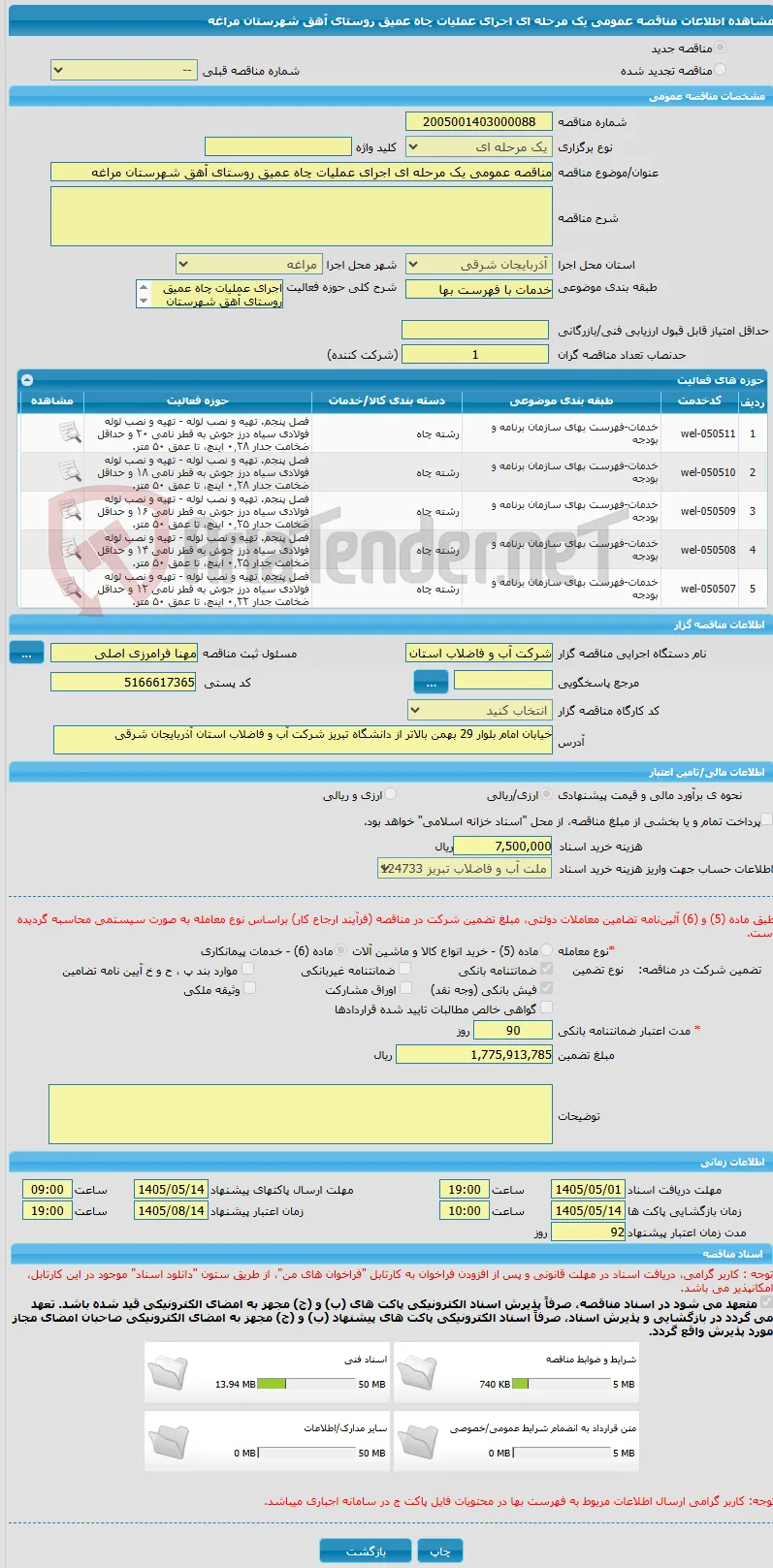 مناقصه عمومی یک مرحله ای اجرای عملیات چاه عمیق روستای آهق شهرستان مراغه