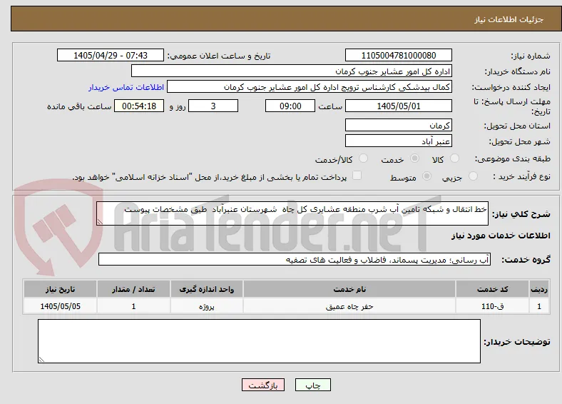 خط انتقال و شبکه تامین آب شرب منطقه عشایری کل چاه  شهرستان عنبرآباد  طبق مشخصات پیوست