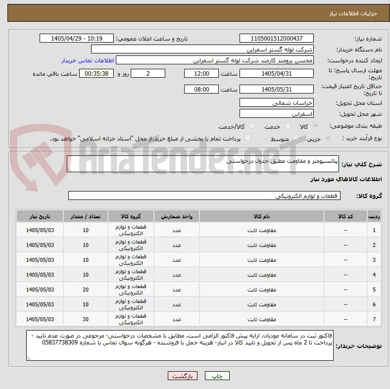 پتانسیومتر و مقاومت مطبق جدول درخواستی