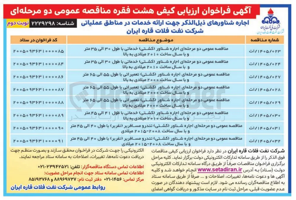 اجاره شناور (کشتی) تندرو مسافربر (نفربر) با طول ۴۰ الی ۴۵ متر و با سال ساخت ۲۰۰۸-۲۰۱۵ میلادی
