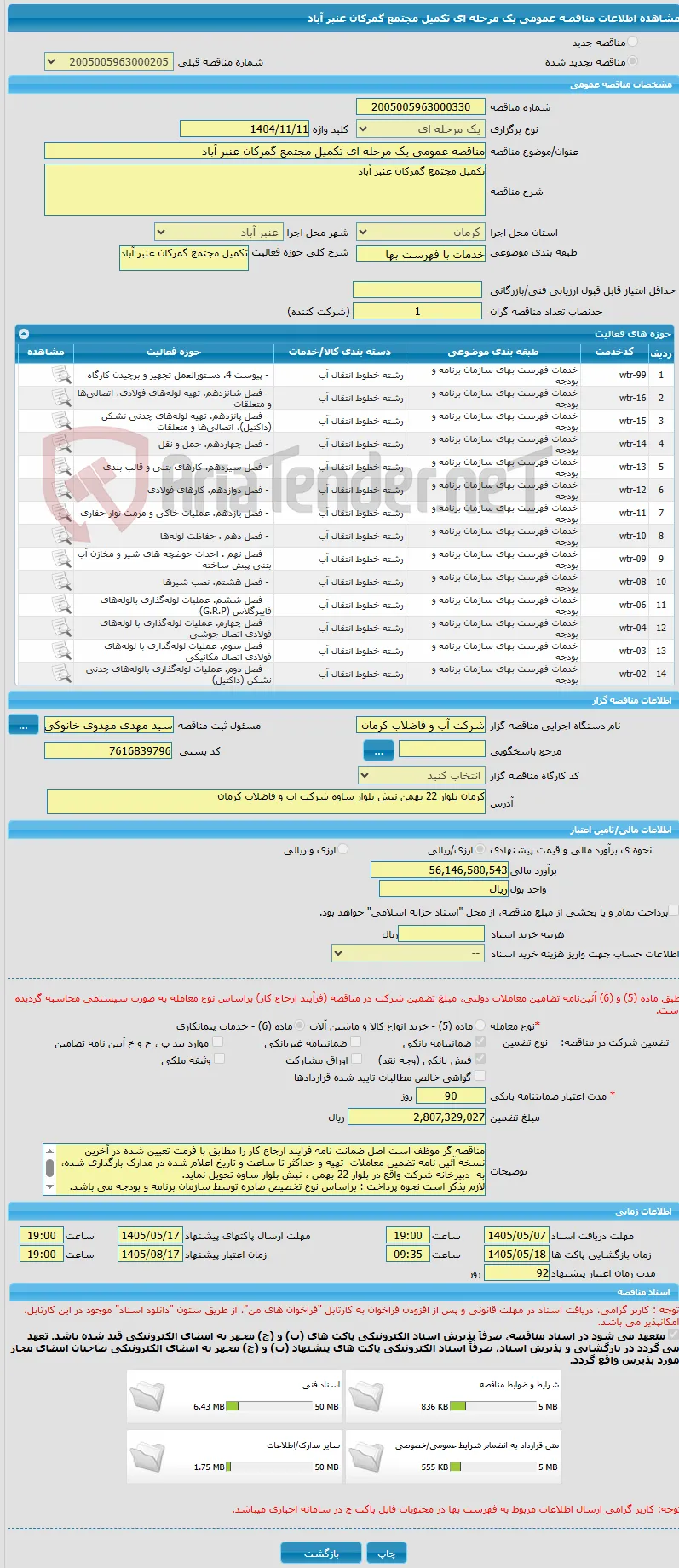 مناقصه عمومی یک مرحله ای تکمیل مجتمع گمرکان عنبر آباد