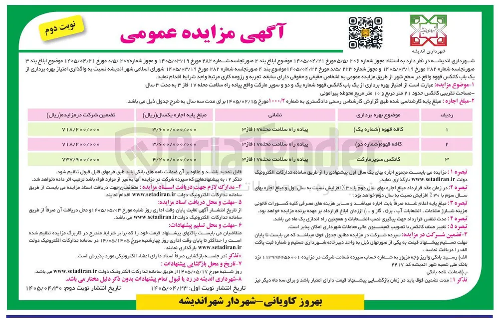 واگذاری امتیاز بهره برداری از یک باب کانکس قهوه و سوپر مارکت