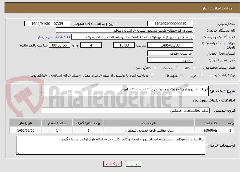 تهیه مصالح و اجرای جوی و جدول بهارستان- سیدی- ابوذر