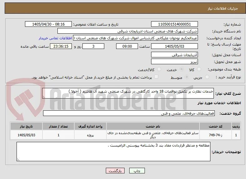 خدمات نظارت بر تکمیل نواقصات 18 واحد کارگاهی در شهرک صنعتی شهید آل هاشم ( آخولا ) 