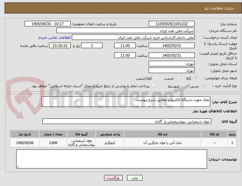 نمک جهت دستگاه الکترولیز مطابق شرح پیوست