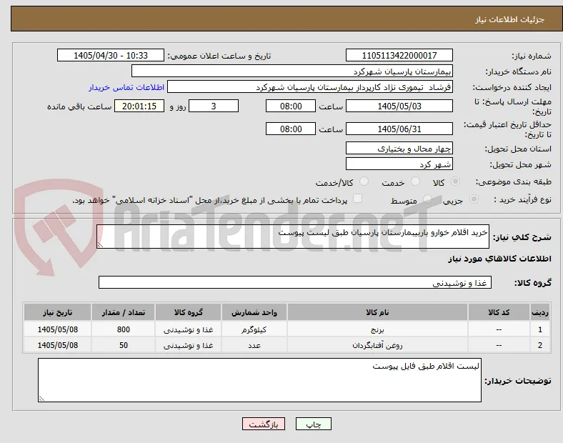 خرید اقلام خوارو باربیبمارستان پارسیان طبق لیست پیوست