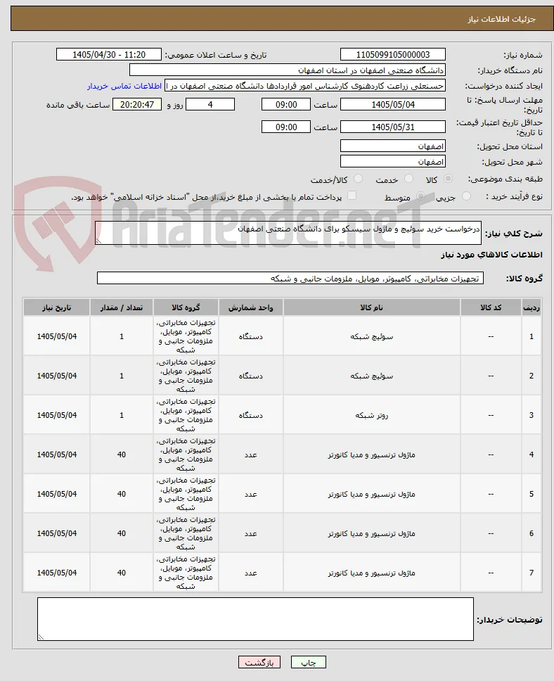 درخواست خرید سوئیچ و ماژول سیسکو برای دانشگاه صنعتی اصفهان