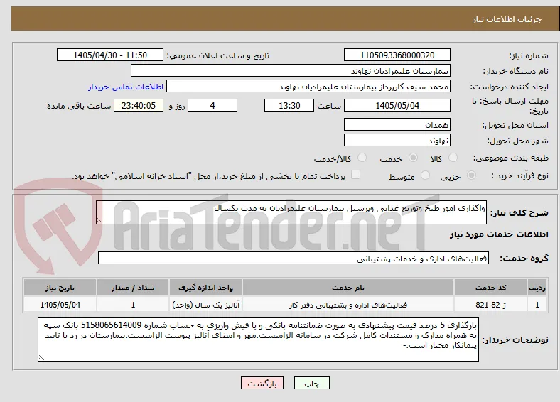 واگذاری امور طبخ وتوزیع غذایی وپرسنل بیمارستان علیمرادیان به مدت یکسال
