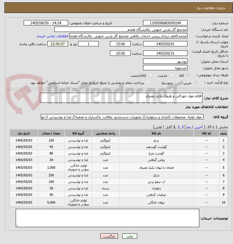 اقلام مواد خوراکی و ظروف یکبار مصرف