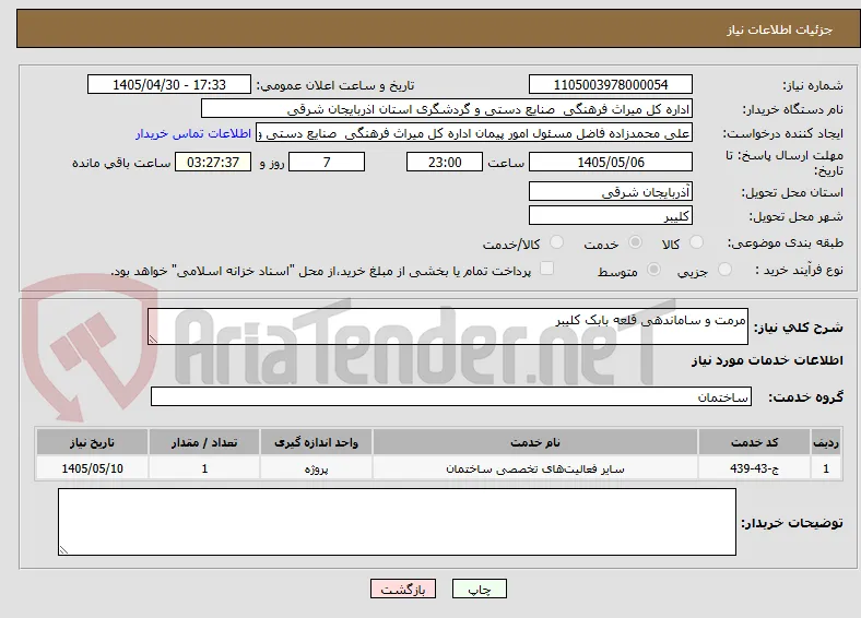 مرمت و ساماندهی قلعه بابک کلیبر