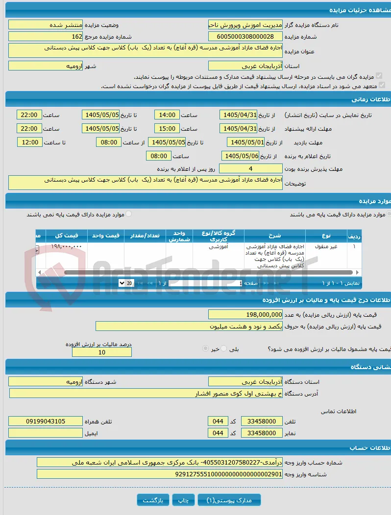 اجاره فضای مازاد آموزشی مدرسه (قره آغاچ) به تعداد (یک باب) کلاس جهت کلاس پیش دبستانی
