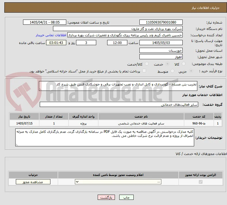 تخریب بتن مسلح - گودبرداری و کابل اندازی و نصب تجهیزات برقی و جوشکاری فنس طبق شرح کار