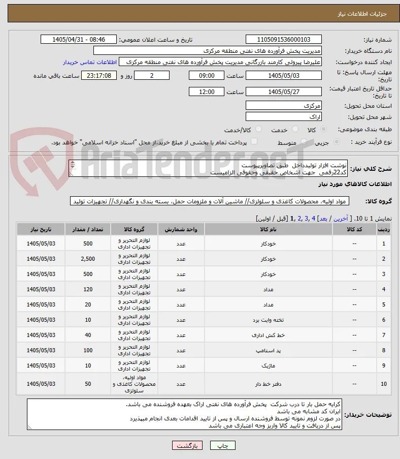 نوشت افزار تولیدداخل  طبق تصاویرپیوست
کد22رقمی  جهت اشخاص حقیقی وحقوقی الزامیست
مهلت تامین سه روزه