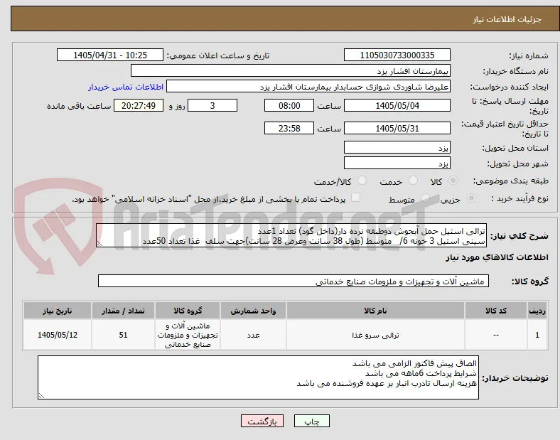 ترالی استیل حمل آبجوش دوطبقه نرده دار(داخل گود) تعداد 1عدد
سینی استیل 3 خونه 6/   متوسط (طول 38 سانت وعرض 28 سانت)جهت سلف  غذا تعداد 50عدد