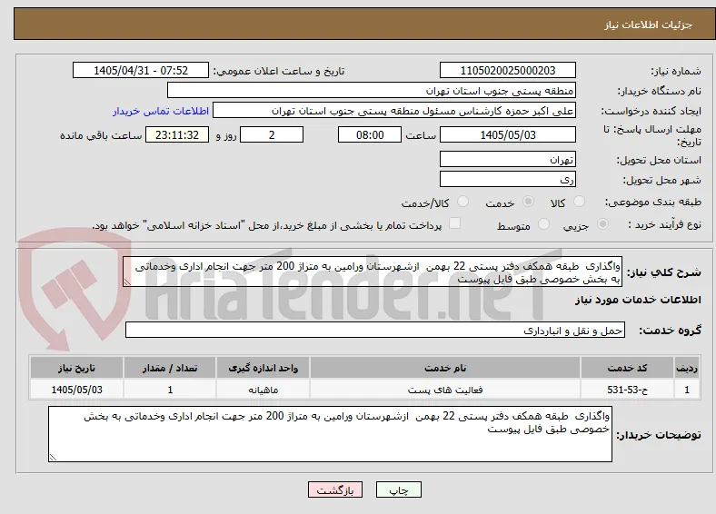 واگذاری  طبقه همکف دفتر پستی 22 بهمن  ازشهرستان ورامین به متراژ 200 متر جهت انجام اداری وخدماتی به بخش خصوصی طبق فایل پیوست