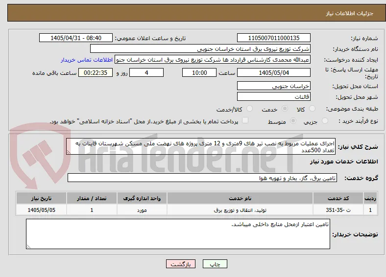 اجرای عملیات مربوط به نصب تیر های 9متری و 12 متری پروژه های نهضت ملی مسکن شهرستان قاینات به تعداد 500عدد  