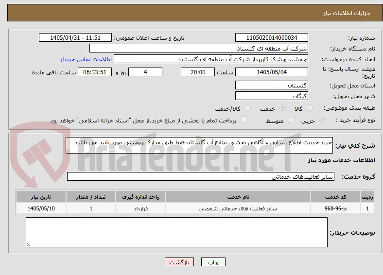خرید خدمت اطلاع رسانی و آگاهی بخشی منابع آب گلستان فقط طبق مدارک پیوستی مورد تایید می باشد
