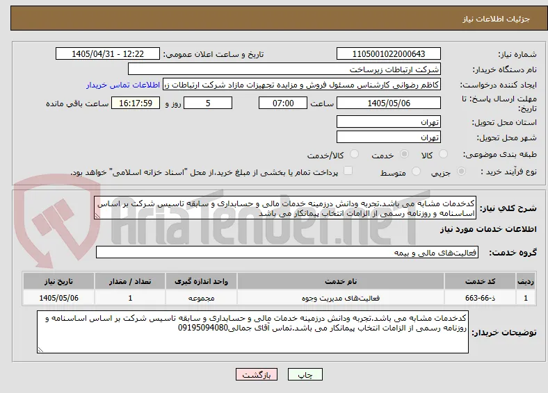کدخدمات مشابه می باشد.تجربه ودانش درزمینه خدمات مالی و حسابداری و سابقه تاسیس شرکت بر اساس اساسنامه و روزنامه رسمی از الزامات انتخاب پیمانکار می باشد