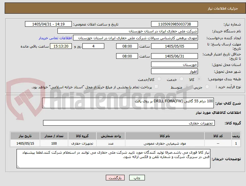 100 درام 55 گالنی DRILL FOMA(FW) بر روی پالت