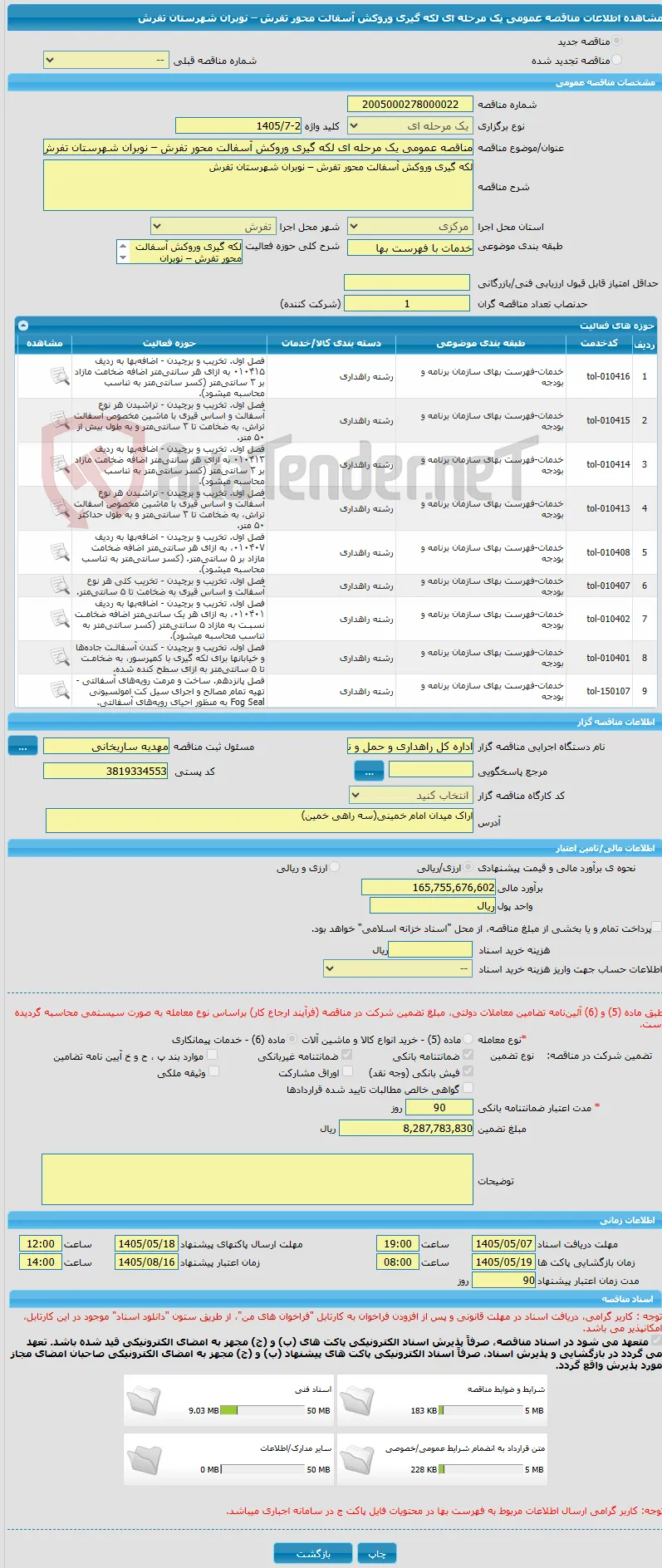 مناقصه عمومی یک مرحله ای لکه گیری وروکش آسفالت محور تفرش – نوبران شهرستان تفرش