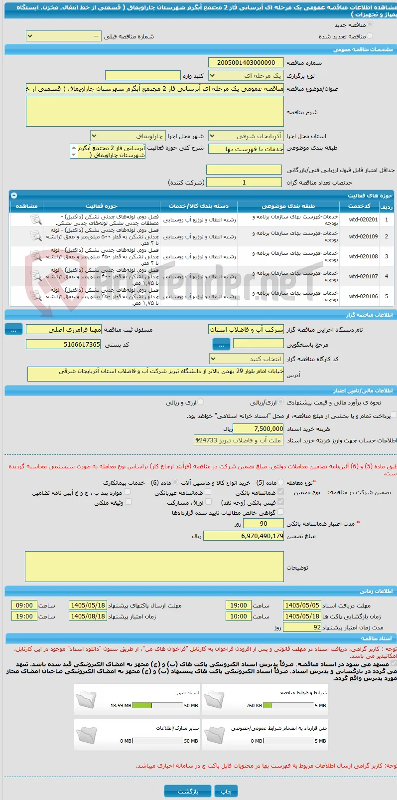 مناقصه عمومی یک مرحله ای آبرسانی فاز 2 مجتمع آبگرم شهرستان چاراویماق ( قسمتی از خط انتقال، مخزن، ایستگاه پمپاژ و تجهیزات )