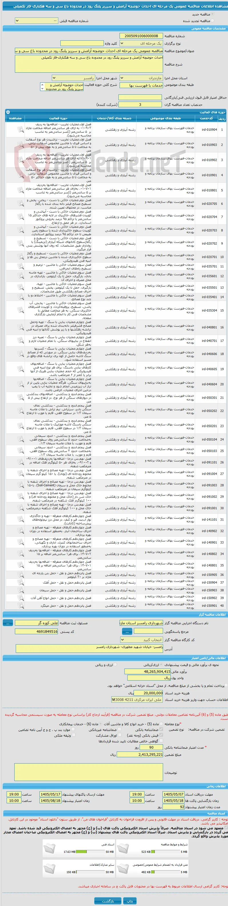مناقصه عمومی یک مرحله ای احداث حوضچه آرامش و سرریز پلنگ رود در محدوده باغ سی و سه هکتاری-فاز تکمیلی