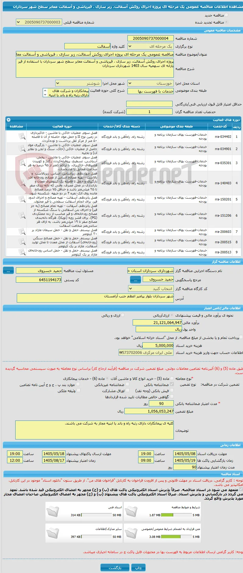 مناقصه عمومی یک مرحله ای پروژه اجرای روکش آسفالت، زیر سازی ، قیرپاشی و آسفالت معابر سطح شهر سرداران