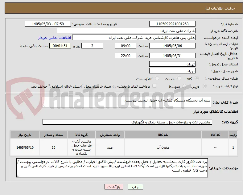 منبع آب دستگاه دستگاه تصفیه آب -طبق لیست پیوست.