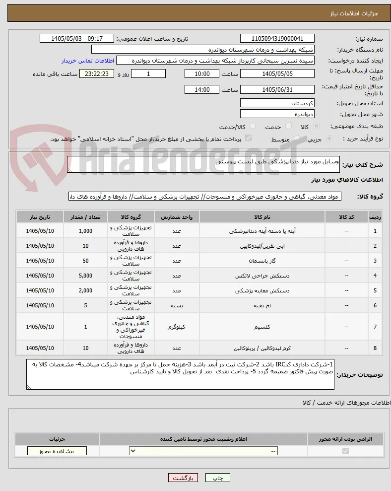 وسایل مورد نیاز دندانپزشکی طبق لیست پیوستی