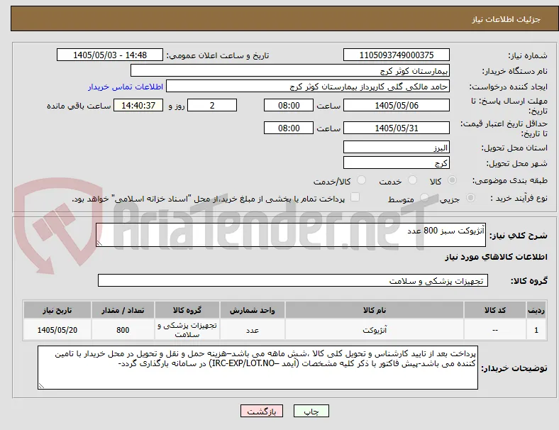 آنژیوکت سبز 800 عدد