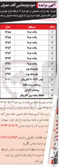 فروش ۱۳ دستگاه انواع خودرو و ماشین آلات عمرانی