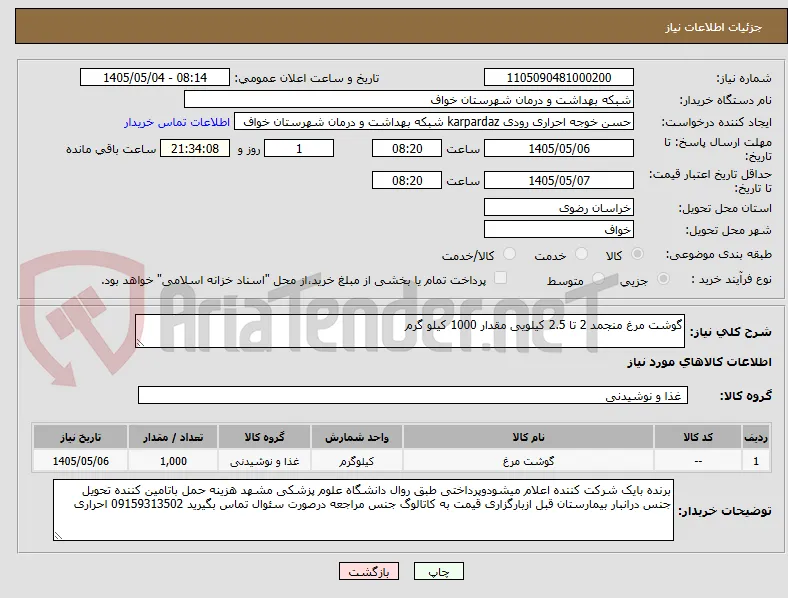گوشت مرغ منجمد 2 تا 2.5 کیلویی مقدار 1000 کیلو گرم 